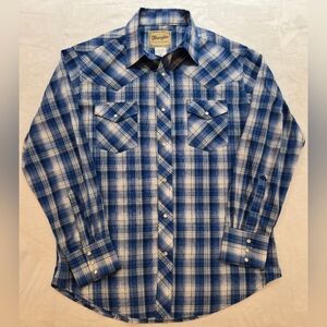 Wrangler Shirt Mens Blue Plaid Western Front Pearl Snap Cotton SZ Large